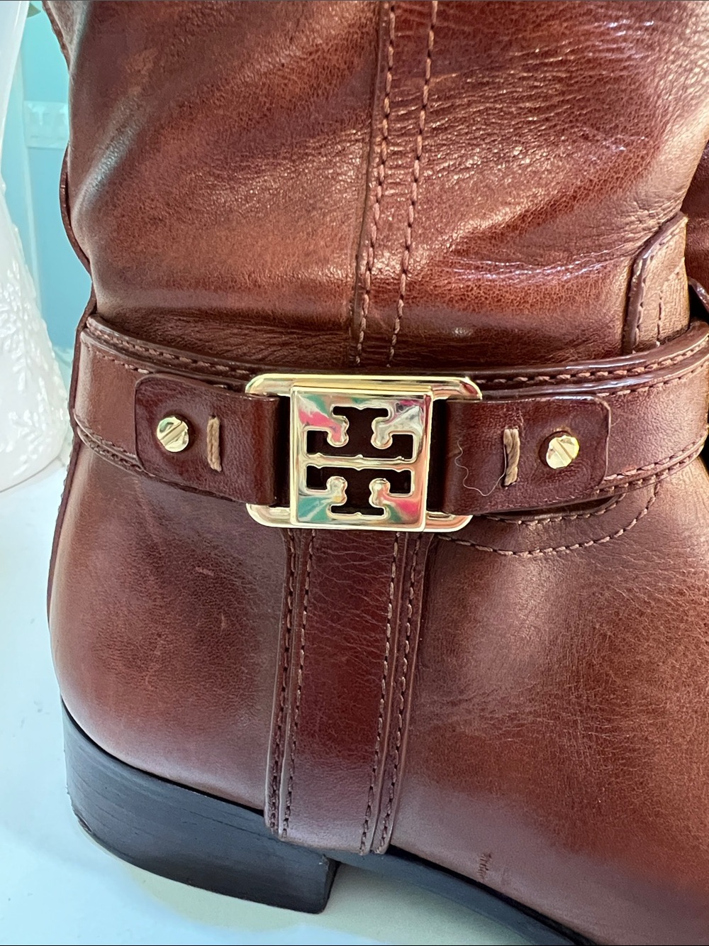 Tory Burch Chestnut Leather Riding Boots with Gold Logo Buckle size 7 - Picture 2 of 16